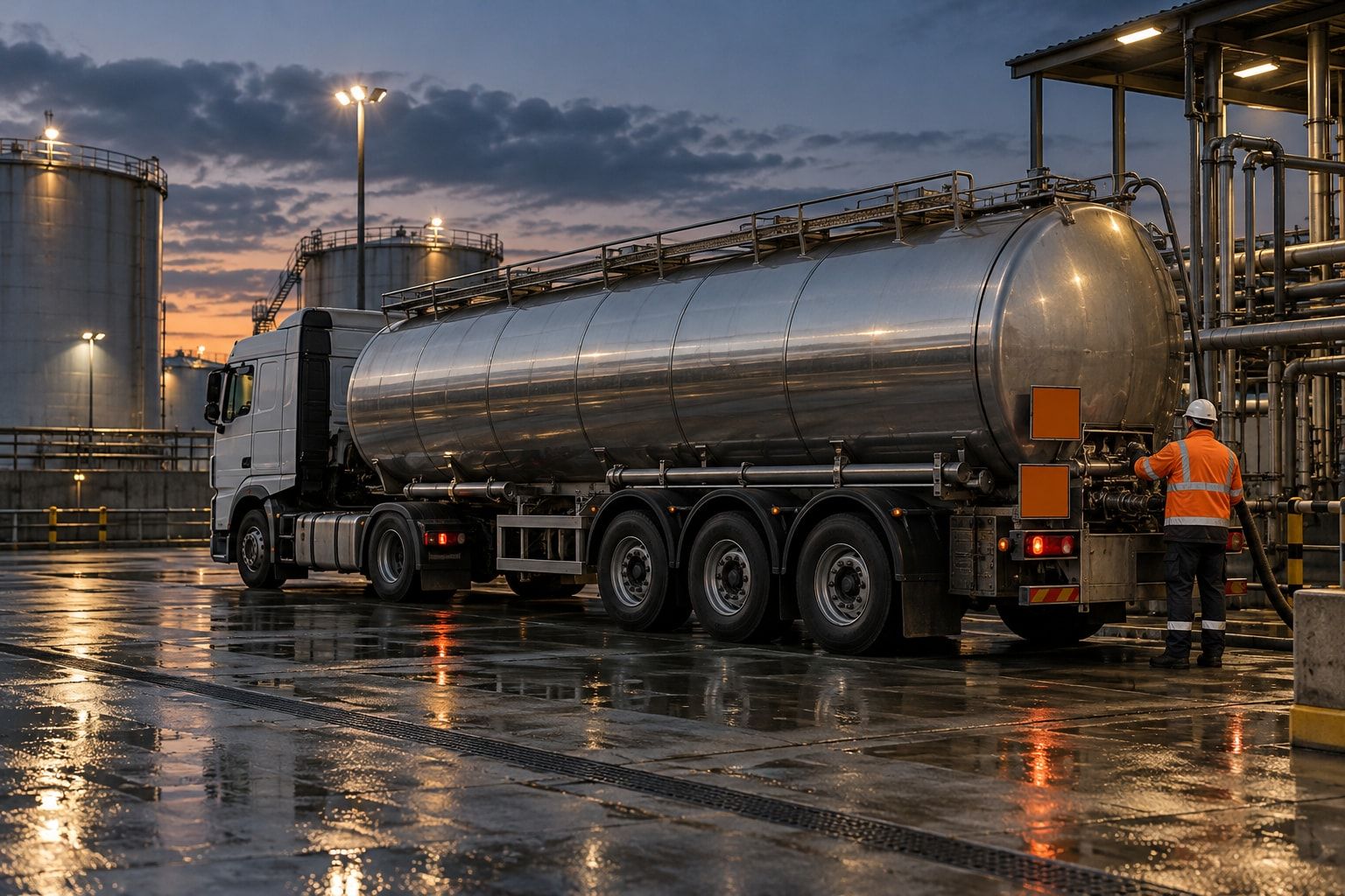 Sfeerbeeld: tankoplegger met oranje gevaarsplaten op een verlicht depot