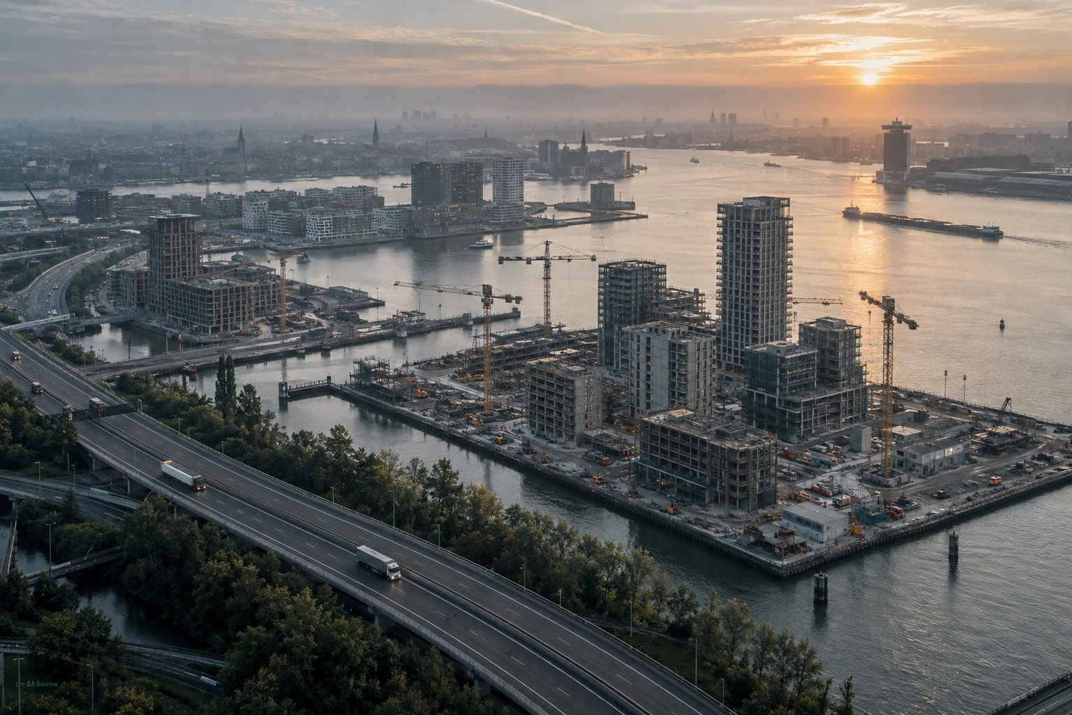 Sfeerbeeld: luchtfoto van Amsterdam aan het IJ met bouwprojecten en een snelweg bij zonsopkomst
