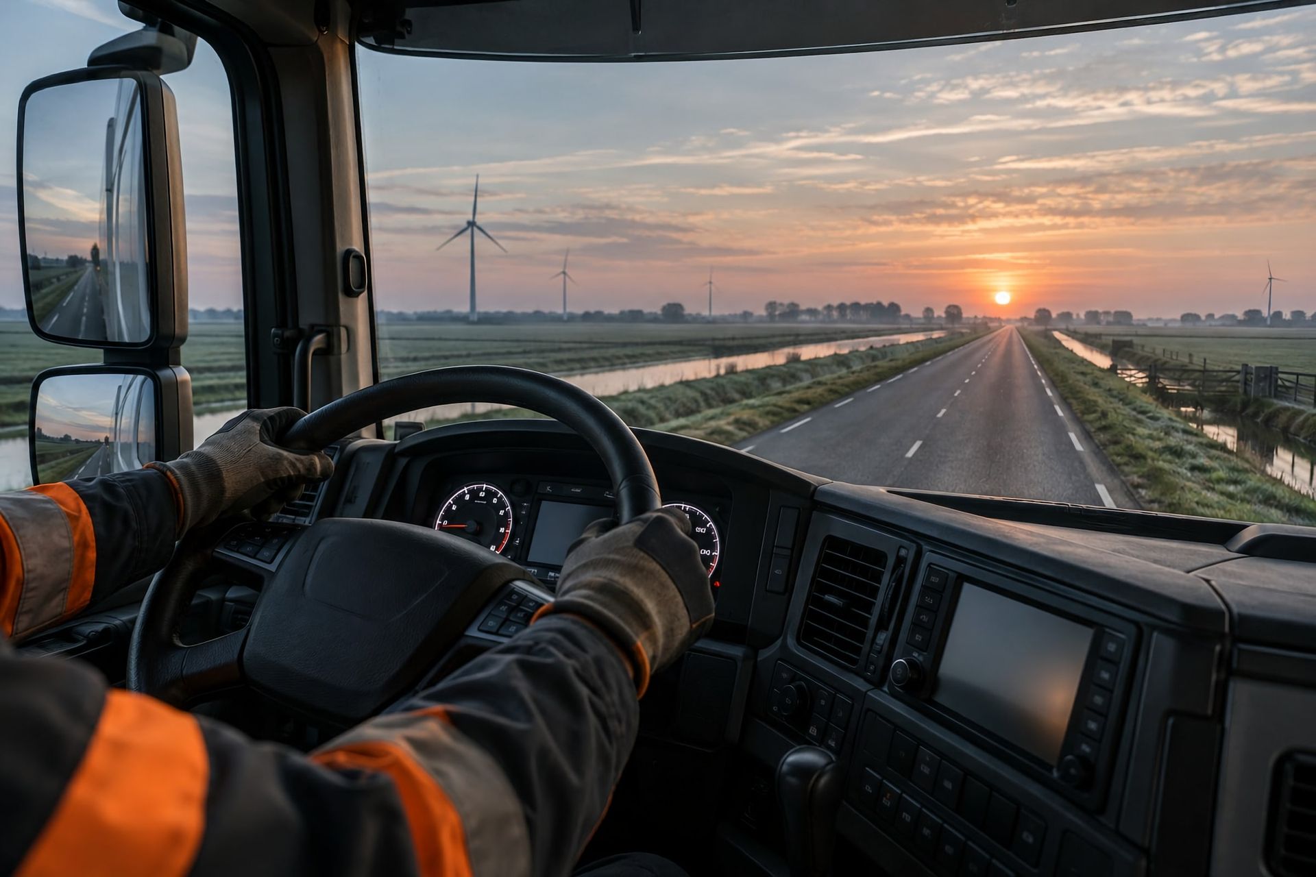 Sfeerbeeld: zicht vanuit de cabine op een polderweg met windmolens bij zonsopkomst
