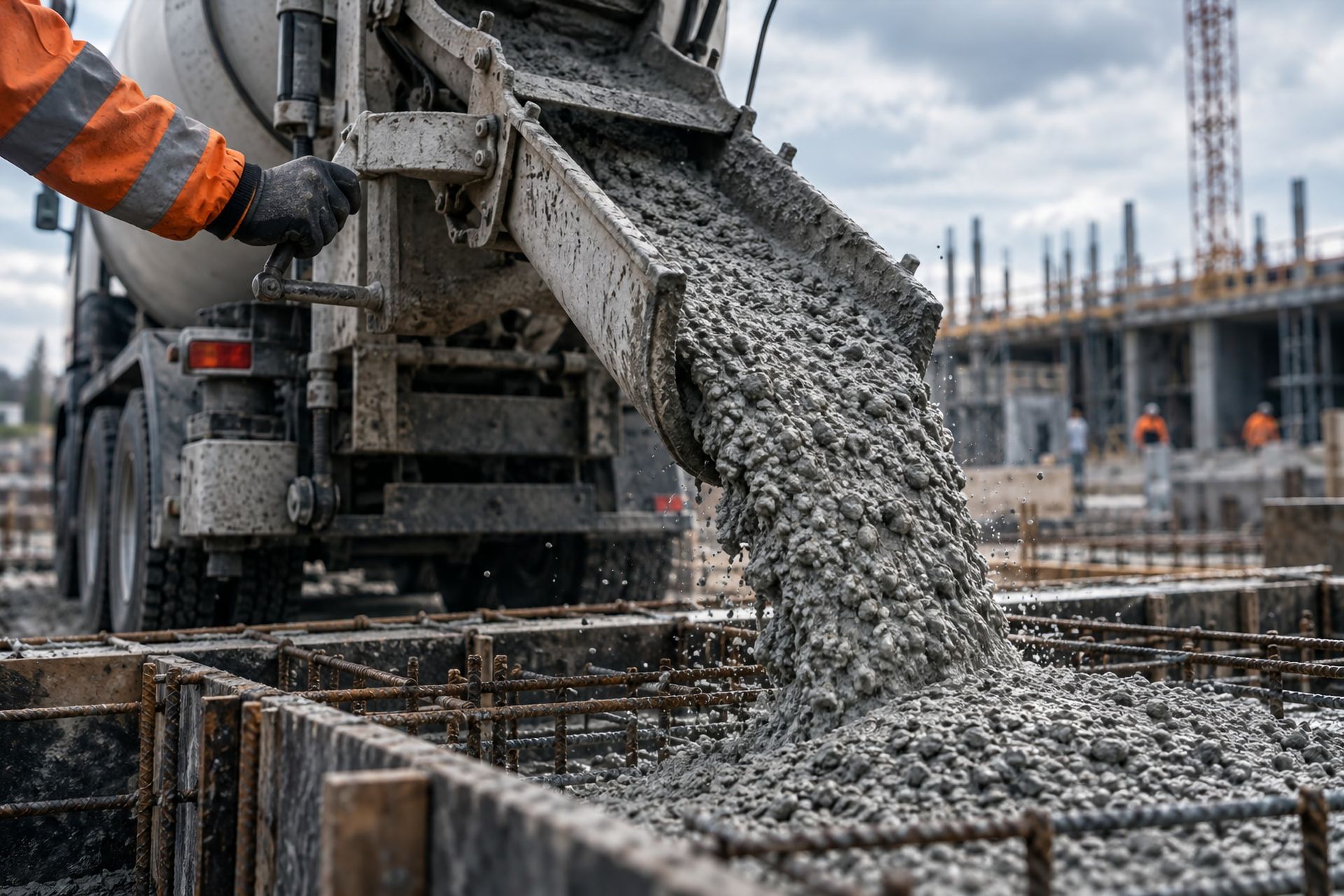 Sfeerbeeld: de goot van een betonmixer stort beton in een bekisting met wapening